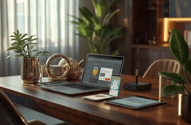 Modern workspace with laptop email inbox blocked attachment, smartphone phishing alert, tablet secure document preview