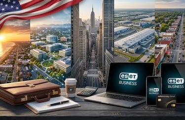 Professional montage of US business sectors including Wall Street finance, Silicon Valley tech, and industrial zones.