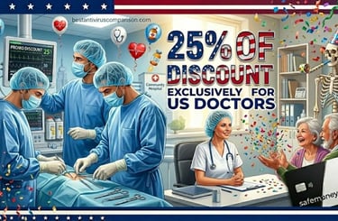 Surgeon operating on screen 25% discount, female doctor happy family throwing confetti,anatomical skeleton party hat blower.