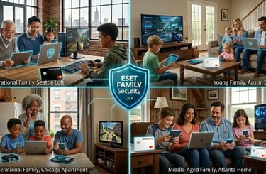 Four diverse USA families (urban to rural) secure 15 devices with ESET Family Security and SafeMoney.