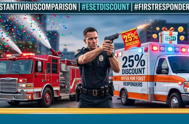 Police officer shooting a 25% discount flag, fire truck launching confetti, ambulance with 25% discount text flashing lights.