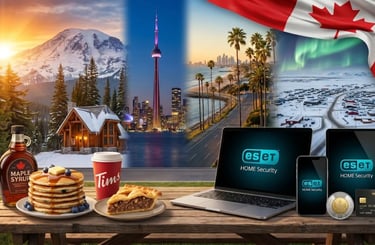 Canadian lifestyle collage featuring CN Tower, maple syrup, snowy mountains, and safemoney.cloud banking protection