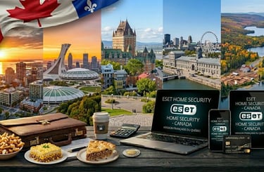 Montage of Canadian icons: Chateau Frontenac, poutine, nature, and devices with French ESET HOME safemoney.cloud card.