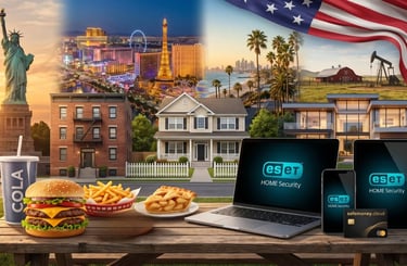 Iconic American imagery with Statue of Liberty and Las Vegas skyline paired with ESET HOME Security software