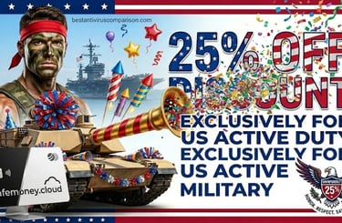 A Rambo-style soldier posing next to a military tank firing multicolored confetti, ESET 25% discount promo.