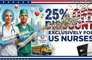 Male and female nurses in uniform holding giant syringes shooting party confetti, ESET 25% discount nursing promo.