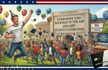 University students throwing their graduation hats in the air with confetti, ESET 25% student discount shield.