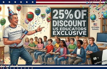Teacher partying and throwing confetti in front of surprised students in a classroom, ESET 25% educator discount.