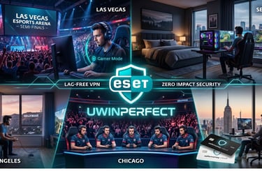ESET Gaming USA hero montage featuring UWINPERFECT arena, pro-players in Chicago, and safemoney.cloud protection