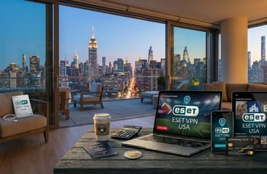 Modern New York apartment interior showing ESET VPN used for secure sports streaming and family movie library.