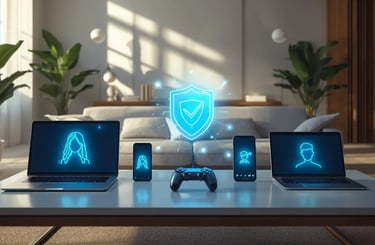 Family devices protected by antivirus with parental control on laptop, phones, tablet and gaming console