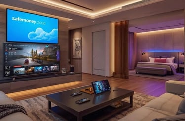 Luxury apartment gaming setup with console on TV, gaming PC, tablet and smartphone games, modern multi-device environment