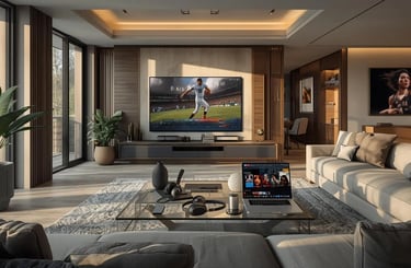 Modern home streaming setup with smart TV, laptop, tablet, and smartphone showing movie content in bright luxury living room