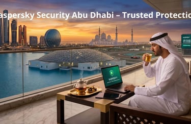 Official Kaspersky security for Abu Dhabi featuring Etihad Towers and the Grand Mosque from a prestigious balcony