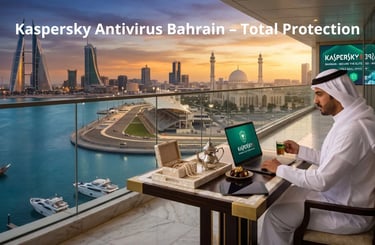 Kaspersky Bahrain protection featuring Manama skyline, the F1 circuit, and traditional pearls on a luxury balcony