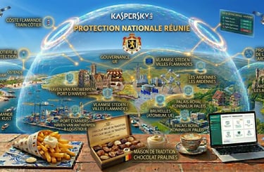 Panorama bilingue de la Belgique sous bouclier Kaspersky. Frites, chocolat et PC bilingues sur terrasse
