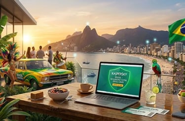 Varanda em SP com vista para Paulista, feijoada e laptop com antivírus Kaspersky Brasil