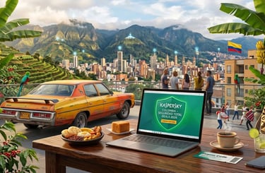 Bogotá desde terraza con bananeros, café y laptop con Kaspersky Colombia 2026 y auto antiguo.