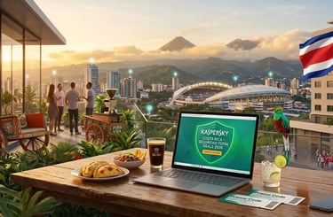 Panorama del volcán Arenal desde una terraza con café de altura y una carreta típica, con una laptop