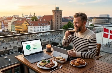 Kaspersky Danmark premium beskyttelse på en terrasse i København med smørrebrød, wienerbrød og udsigt over Nyhavn