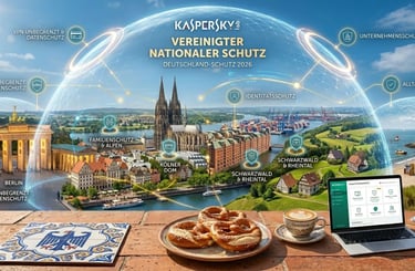 Kaspersky Schutz über Deutschland mit Brandenburger Tor, Kölner Dom und Brezel. Sicherer digitaler Alltag 2026.