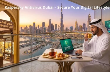 Kaspersky Dubai protection on a luxury terrace overlooking Burj Khalifa and Dubai Marina skyline