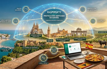 Vista panorámica de España protegida por Kaspersky. Sagrada Familia, Alhambra y paella en terraza bajo escudo digital