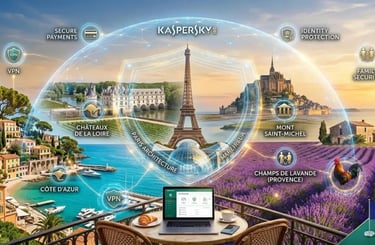 Vue panoramique de la France sous un bouclier Kaspersky. Tour Eiffel, Mont St-Michel, Côte d'Azur, café-croissant