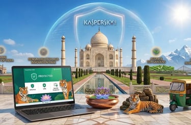 Laptop with Kaspersky India dashboard on a terrace facing the Taj Mahal, with a Bengal tiger and lotus flower