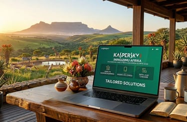 I-Kaspersky Antivirus kukhompuyutha ephathekayo kuvulandi obheke izintaba zase-Drakensberg ngezihlangu zesiZulu ngezilwane.