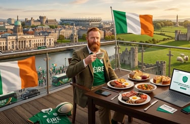 Fear i ngeansaí rugbaí ag ithe criospaí, caoirigh ar thaobh amháin agus séadchomharthaí na hÉireann 
