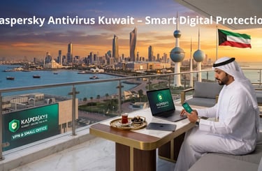 Official Kaspersky security for Kuwait City featuring the Kuwait Towers and Al Hamra from a professional terrace