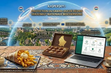 PC avec antivirus Kaspersky sur une terrasse au Luxembourg. Frites, chocolat et vue sur le Grund sous ciel bleu