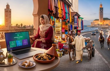 Kaspersky Premium sur PC, Koutoubia, thé à la menthe, Tajine fumant Fantasia à Marrakech cornes de gazelle chevaux mosquée 