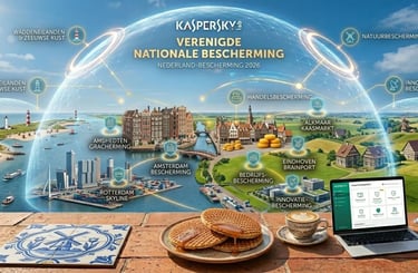 Kaspersky bescherming over Nederland met Amsterdamse grachten, Rotterdam skyline en stroopwafels. Veilig online in 2026.