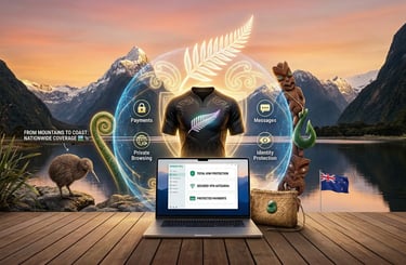 NZ fjord view with a laptop. Holographic shield featuring a rugby jersey, silver fern, Koru, and a Kiwi bird. Flag.🇳🇿