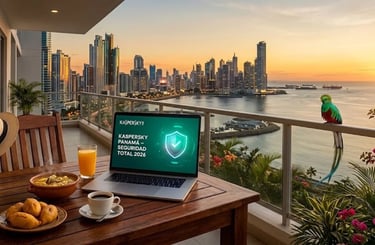 Vista desde una terraza en Punta Pacifica con el skyline de Ciudad de Panamá y el Canal al fondo, un