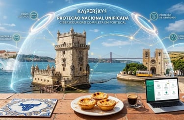 Vista de Lisboa com Torre de Belém e Pastéis de Belém protegidos pela Kaspersky. Cibersegurança completa em Portugal.