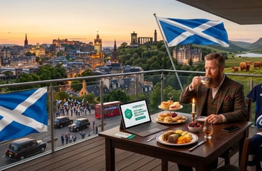 Kaspersky Scotland: Haggis and Edinburgh Castle view from a terrace with premium security offers