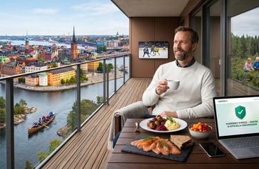 Kaspersky Sverige premiumskydd på en terrass i Stockholm med fika, köttbullar, gravlax och utsikt över Gamla Stan