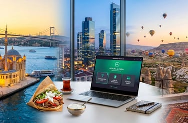 Kaspersky Premium yüklü laptop, İstanbul Boğazı, Levent iş merkezi, Kapadokya manzaralı ve masada döner kebab ve çay.