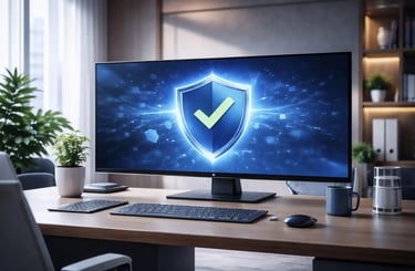 Luxury office desk with large desktop monitor displaying cybersecurity shield protection interface 