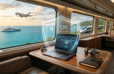 Secure laptop for nomads with private jet, yacht & fast train. Shield icons for Wi-Fi safety & travel savings. 2026 VPN.