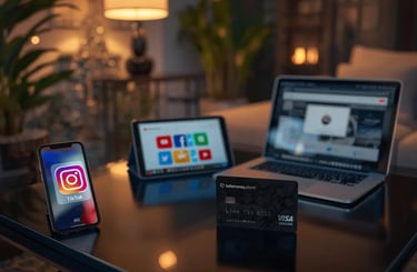 Modern living room with smartphone showing Instagram TikTok WhatsApp, laptop with Facebook X YouTube, tablet Telegram apps