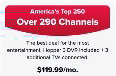 DISH America's Top 250 package offering over 290 channels and Hopper 3 DVR for $119.99 per month.