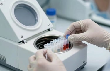 Close-up of gloved hands loading a PCR thermocycler with sample tubes, bright clinical overhead lighting, sterile lab bench, no faces