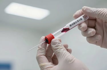 Close-up of a phlebotomy needle entering a blood collection tube held in a gloved hand, clinical white background, sharp fluorescent lighting, no patient face visible