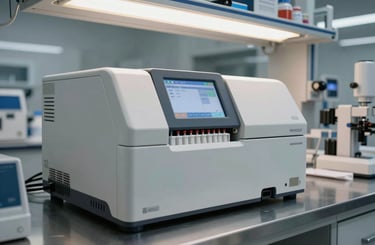 Wide shot of a molecular diagnostic analyzer on a steel lab bench, reagent cartridges loaded, display lit, fluorescent overhead lighting, no staff visible