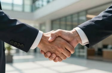 A close-up of a firm handshake between two business professionals in a sunlit US corporate lobby. The background is slightly blurred with steel teal and off-white tones, emphasizing trust and successful connection.