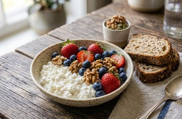 Cottage cheese served with fresh berries and walnuts as a high-protein breakfast.